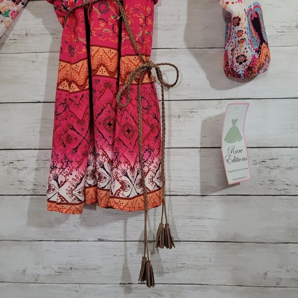 Girls Rare Editions Boho Chic Aztec Design‎ Fuchsia Floral Cold-Shoulder Dress 7